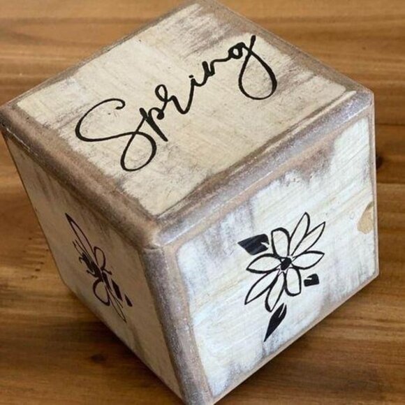 Wood Cube Farmhouse Decoration-Spring Happy Gather flower bee bicycle dice shape - Picture 6 of 6
